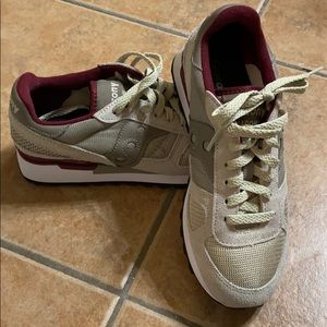 Saucony tan sneakers. Worn once. Like new.